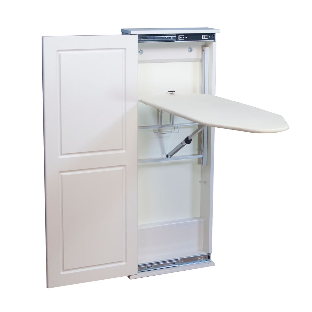 Household Essentials Iron a??n Fold Wall Ironing Board Cabinet, Built-In Ironing Board, Sturdy MDF, Melamine Cabinet, 7 Height Settings, Mounts Securely to Wall, Includes Pad with Cover, White