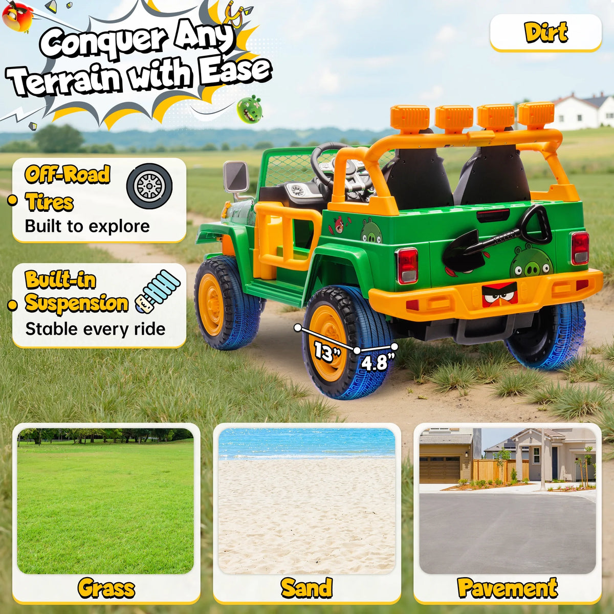Joyracer 24 Volt Ride on Toys for Big Kids, Licensed Angry Birds Ride on Truck with Remote, 2 Seater 4WD Electric Ride ons with Shovel, Bluetooth, Lights, Power Car Wheels for 3-8, 130lbs, Green
