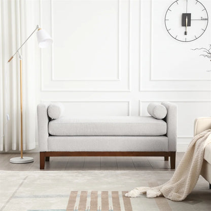 53.5"W Elegant Upholstered Bench with Wood Legs & Round Pillows,Comfy Boucle Fabric Footrest with Arms, Entryway Bench for End of Bed, Bedroom and Living Room, Ivory