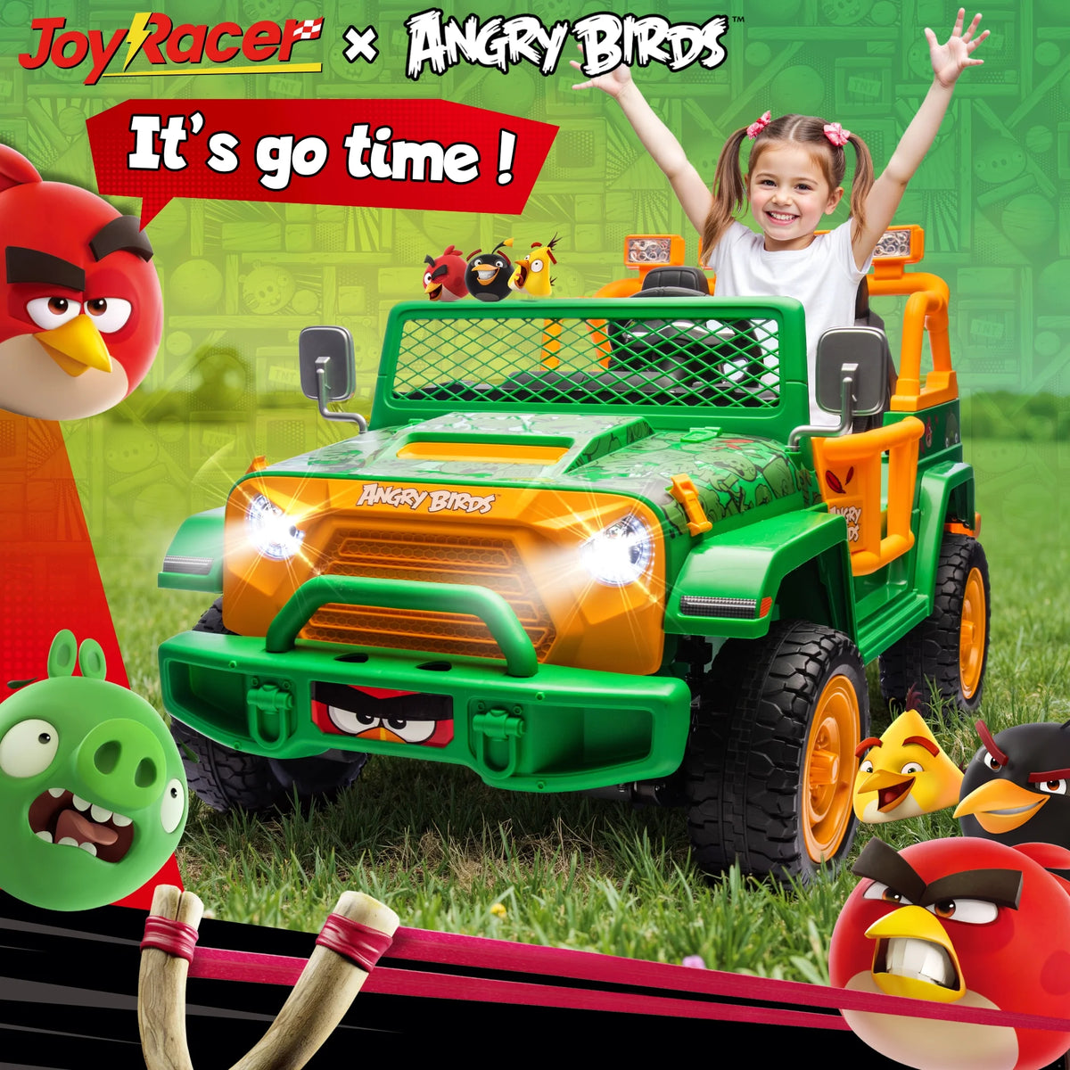 Joyracer 24 Volt Ride on Toys for Big Kids, Licensed Angry Birds Ride on Truck with Remote, 2 Seater 4WD Electric Ride ons with Shovel, Bluetooth, Lights, Power Car Wheels for 3-8, 130lbs, Green