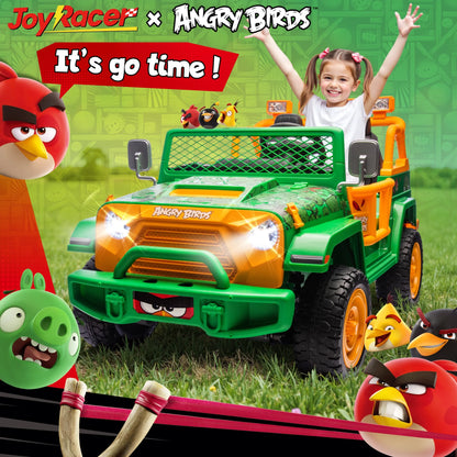 Joyracer 24 Volt Ride on Toys for Big Kids, Licensed Angry Birds Ride on Truck with Remote, 2 Seater 4WD Electric Ride ons with Shovel, Bluetooth, Lights, Power Car Wheels for 3-8, 130lbs, Green