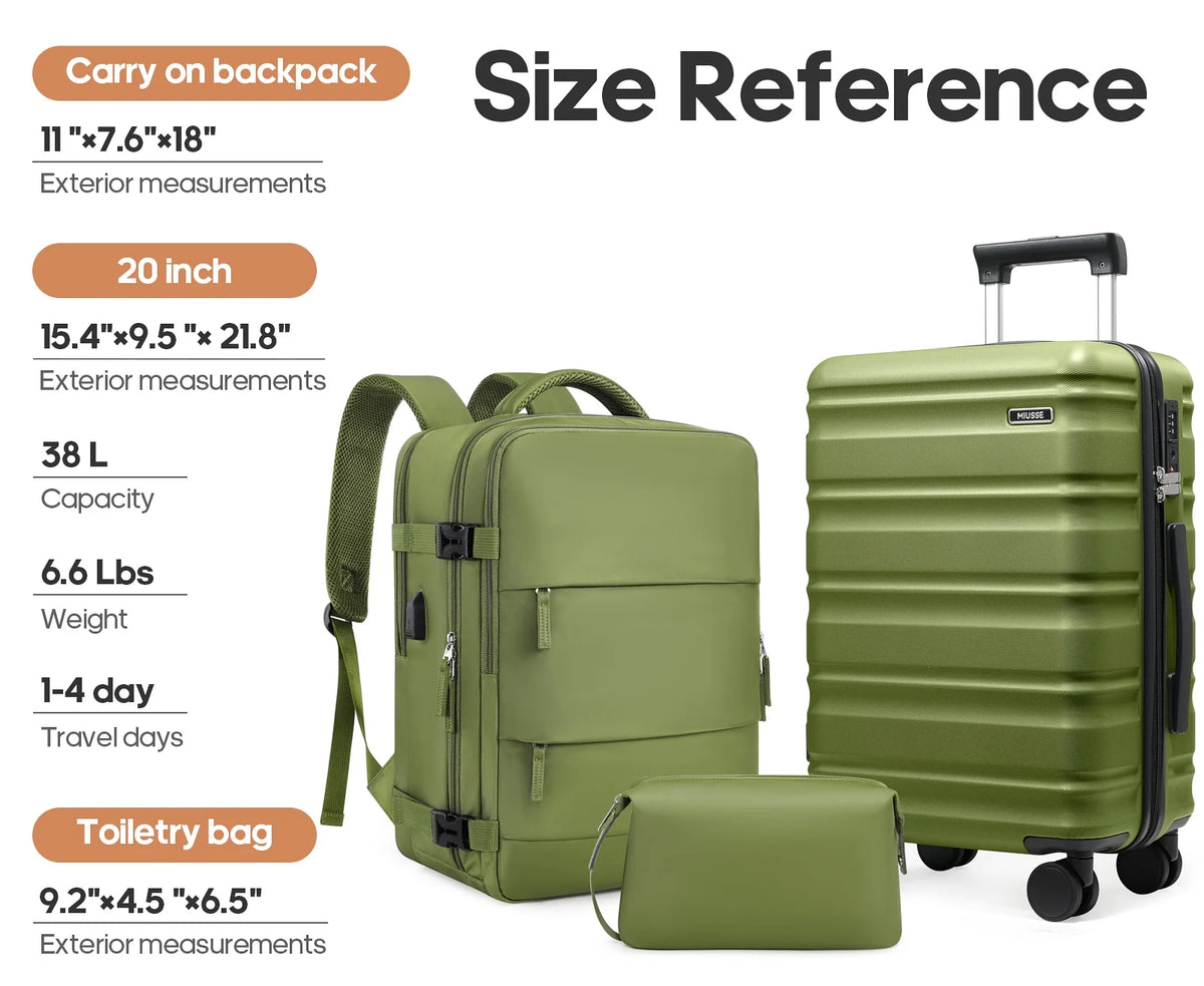 MIUSSE Luggage Sets 3 Piece, 20 Inch Carry On Luggage with Wheels, 100% PC Hardshell Suitcase with TSA Lock, Carry On Suitcases Airline Approved With Travel Backpack for Men Women