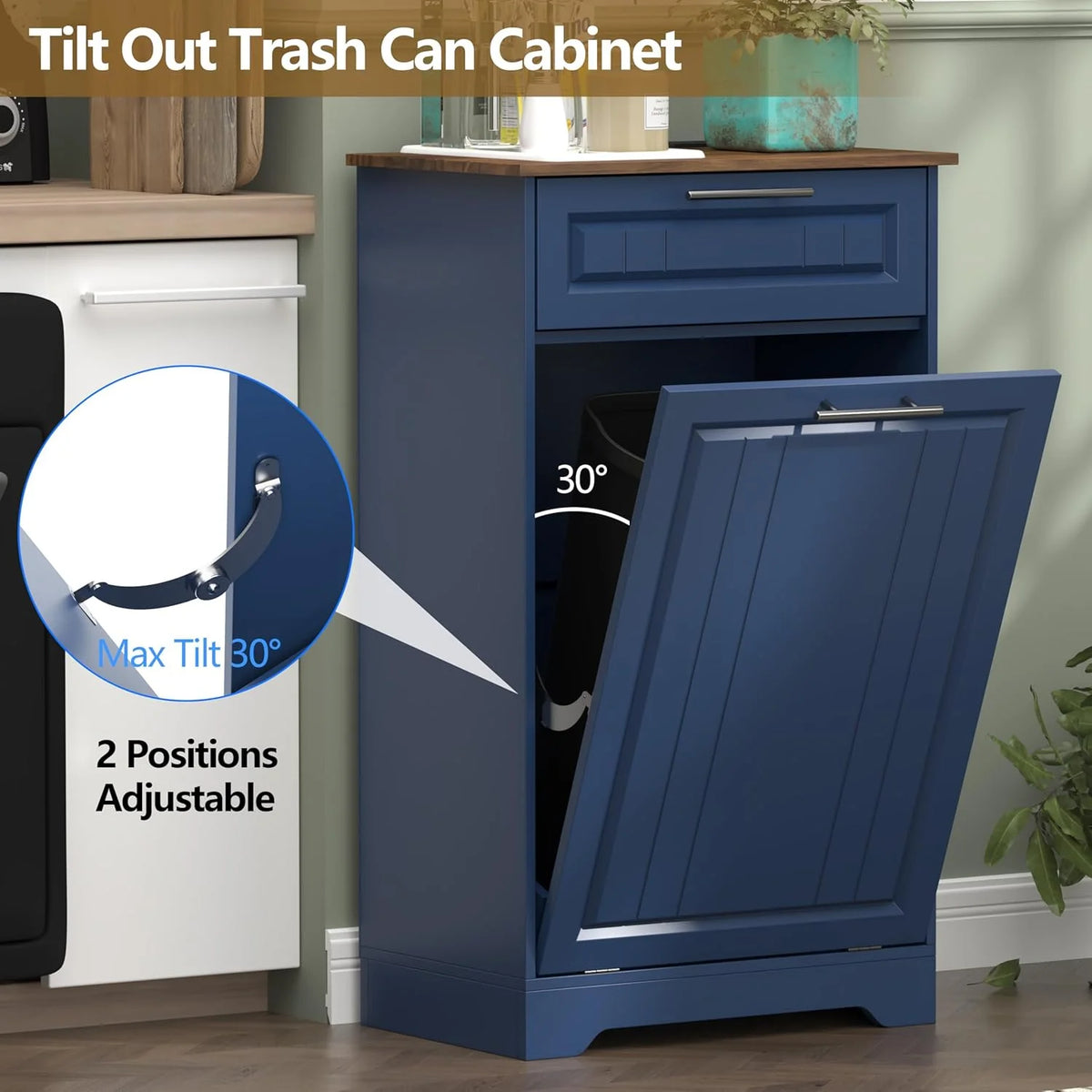 Single 10 Gallon Tilt Out Trash Can Cabinet with Deodorizing Function, Wooden Hidden Garbage Can Holder with Storage Drawers for Kitchen and Dining Room, Laundry Hamper Cabinet for Bathroom, Blue