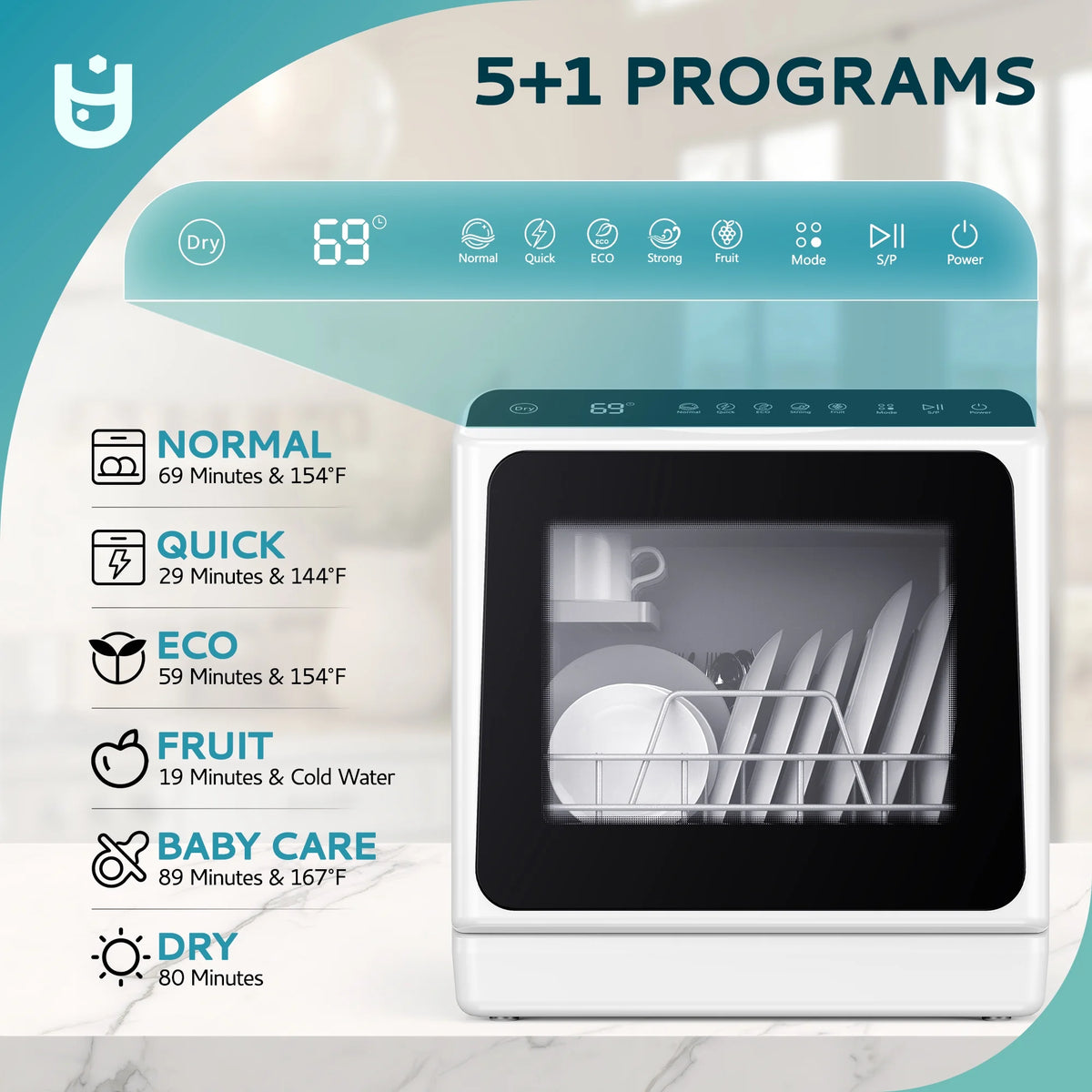 EUHOMY Portable Countertop Dishwashers with 5-Liter Built-in Water Tank and Air-Dry Function