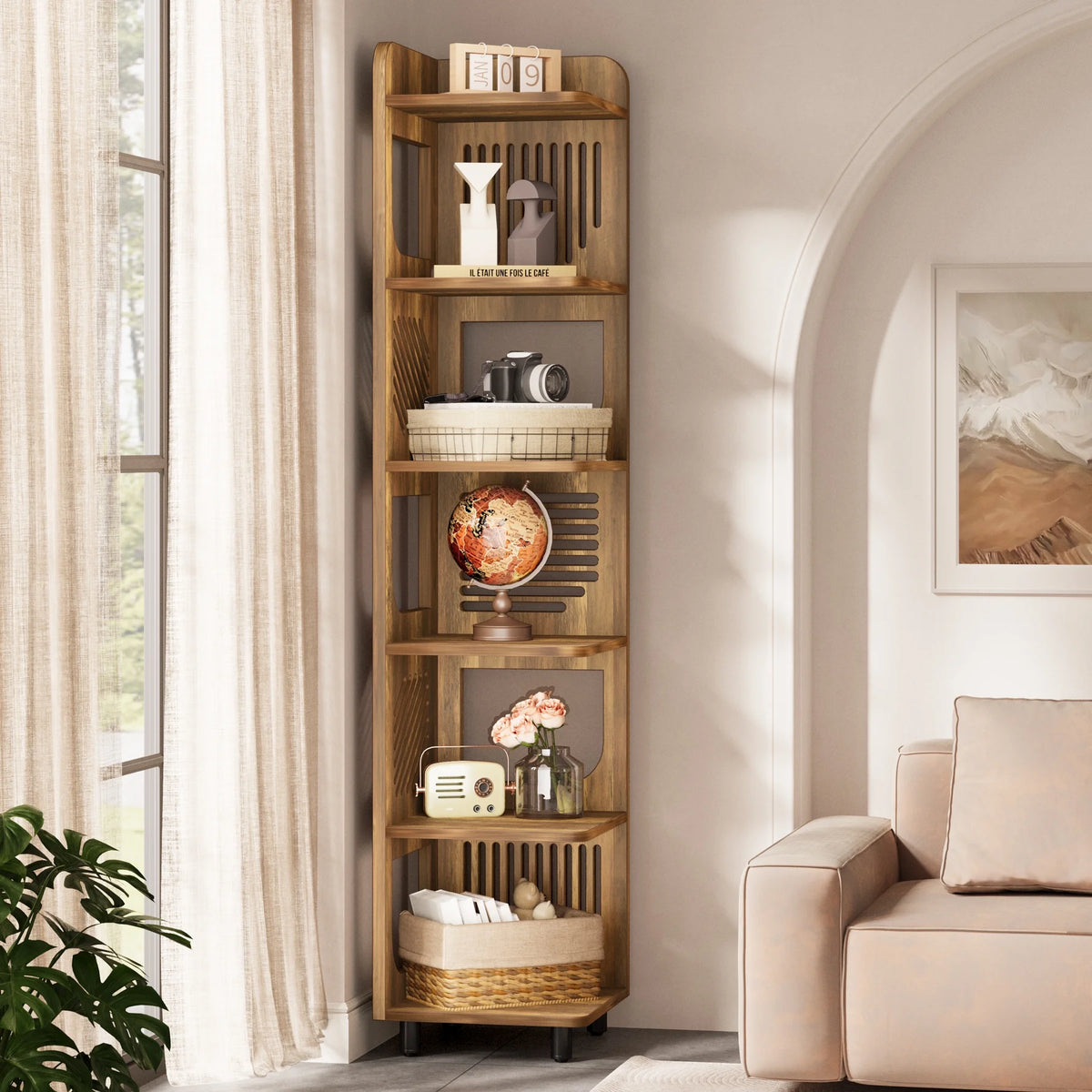 Fnova 71" 6-Tier Tall Corner Bookshelf, Rustic Wooden Narrow Corner Bookcase with Artistic Square Rack, Freestanding Display Storage Shelf for Space-Saving Home Organizing