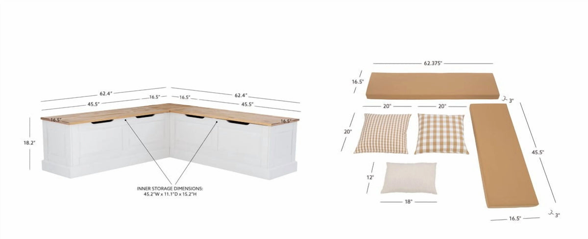 Linon Romero Backless Corner Nook with Storage, 5-Piece Cushion Set, Natural/White/Beige