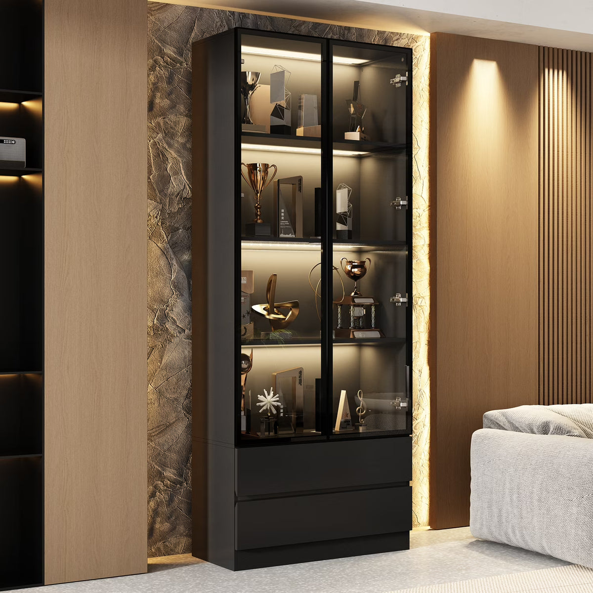 KULAGAGA Bookcases Organizer with LED Lights, Heavy Duty Display Cabinet with Glass Door for Living Room, 31.5" Wide