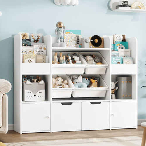 Hiphuta Kids Bookcase Toy Storage Organizer, Wooden Toy Organizer of 4 Bins& 2 Removable Drawers for Home Bedroom, Kids Bookshelf Toy Box with Book Rack, White