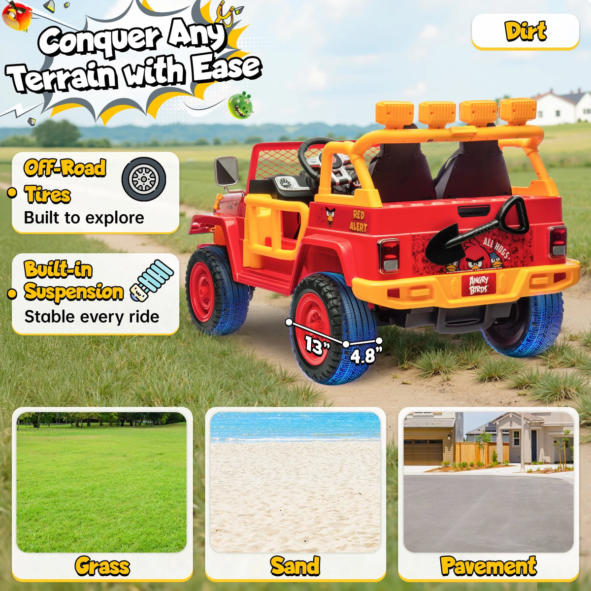 Joyracer 24 Volt Ride on Toys for Big Kids, Licensed Angry Birds Ride on Truck with Remote, 2 Seater 4WD Electric Ride ons with Shovel, Bluetooth, Lights, Power Car Wheels for 3-8, 130lbs, Green