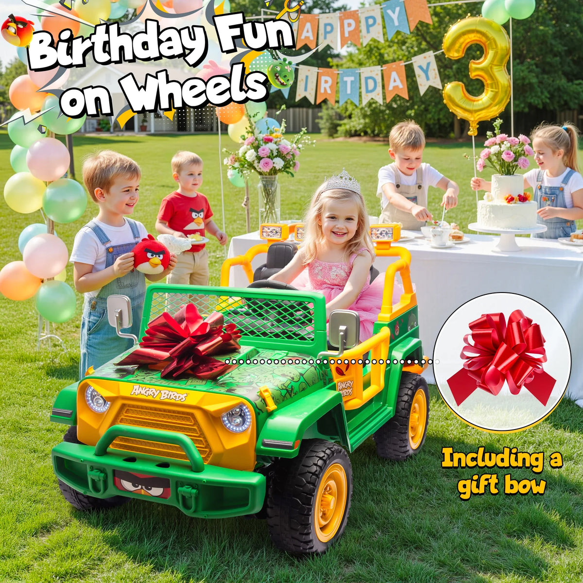 Joyracer 24 Volt Ride on Toys for Big Kids, Licensed Angry Birds Ride on Truck with Remote, 2 Seater 4WD Electric Ride ons with Shovel, Bluetooth, Lights, Power Car Wheels for 3-8, 130lbs, Green