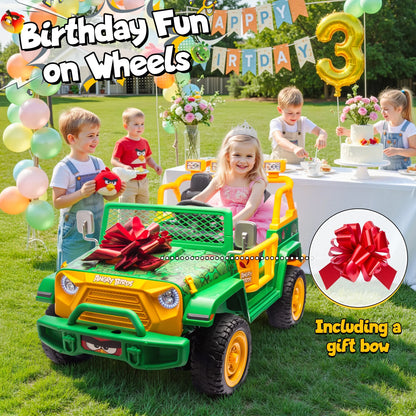 Joyracer 24 Volt Ride on Toys for Big Kids, Licensed Angry Birds Ride on Truck with Remote, 2 Seater 4WD Electric Ride ons with Shovel, Bluetooth, Lights, Power Car Wheels for 3-8, 130lbs, Green