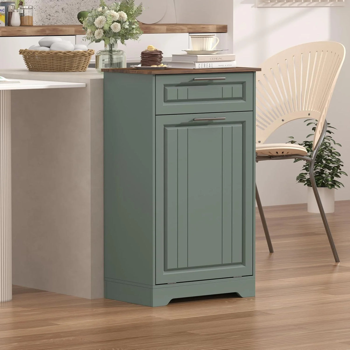 Single 10 Gallon Tilt Out Trash Can Cabinet with Deodorizing Function, Wooden Hidden Garbage Can Holder with Storage Drawers for Kitchen and Dining Room, Laundry Hamper Cabinet for Bathroom, Blue