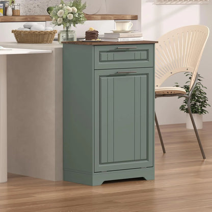 Single 10 Gallon Tilt Out Trash Can Cabinet with Deodorizing Function, Wooden Hidden Garbage Can Holder with Storage Drawers for Kitchen and Dining Room, Laundry Hamper Cabinet for Bathroom, Blue