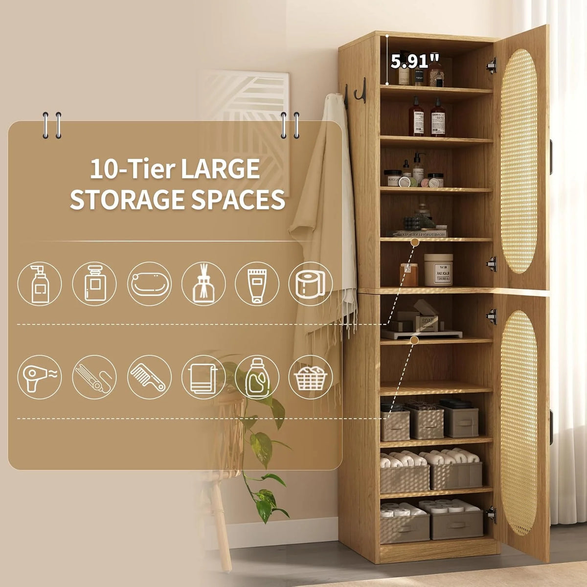 66-Inch Bathroom Storage Cabinet with Rattan Doors,  Bath Room Organizer Floor Cabinets Brown