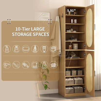 66-Inch Bathroom Storage Cabinet with Rattan Doors,  Bath Room Organizer Floor Cabinets Brown