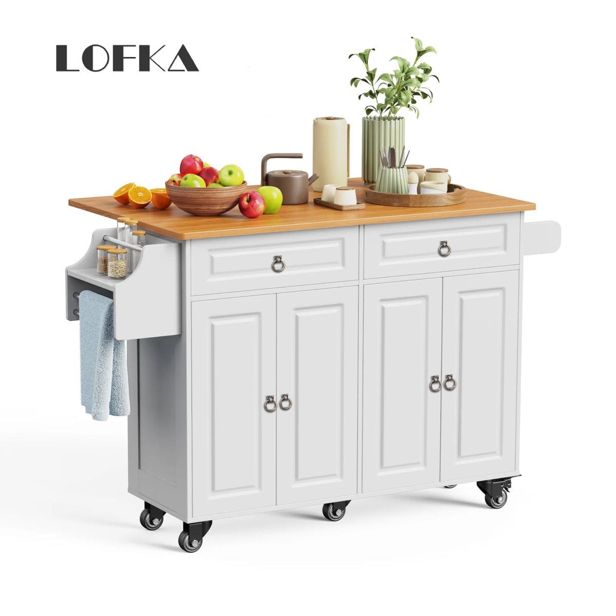 Lofka 52-Inch Kitchen Island with Storage on Wheels with Wood Drop Leaf, Ideal for Small Kitchens