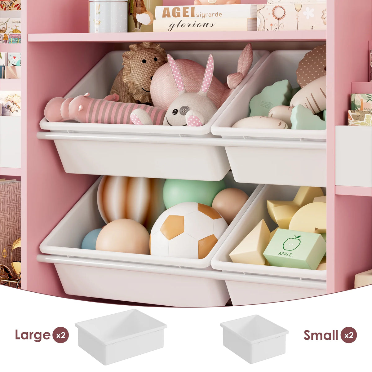 Hiphuta Kids Bookcase Toy Storage Organizer, Wooden Toy Organizer of 4 Bins& 2 Removable Drawers for Home Bedroom, Kids Bookshelf Toy Box with Book Rack, White