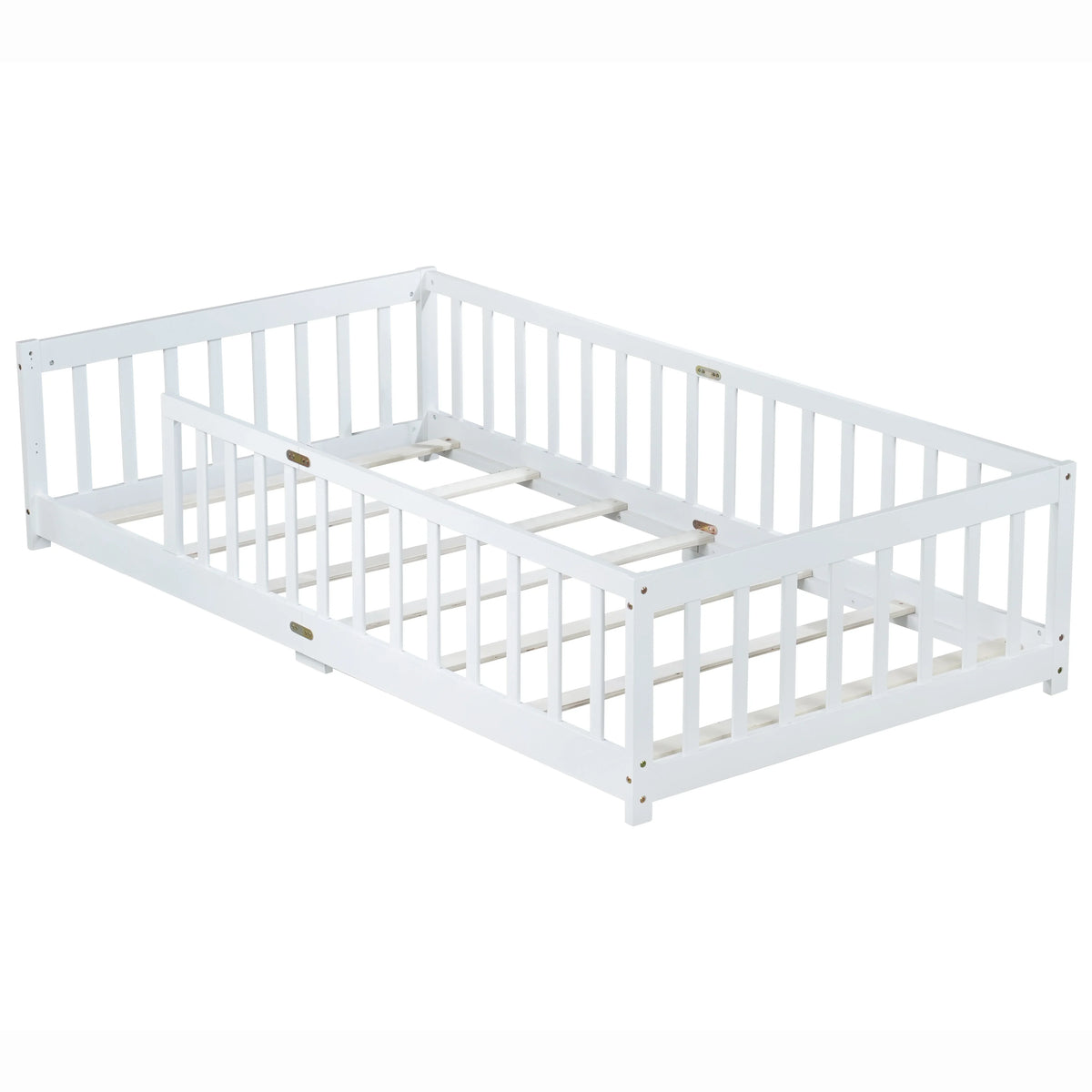 Miniyam Wooden Twin Size Floor Bed with Safety Fence for Kids, Natural