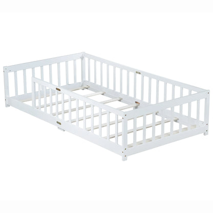 Miniyam Wooden Twin Size Floor Bed with Safety Fence for Kids, Natural