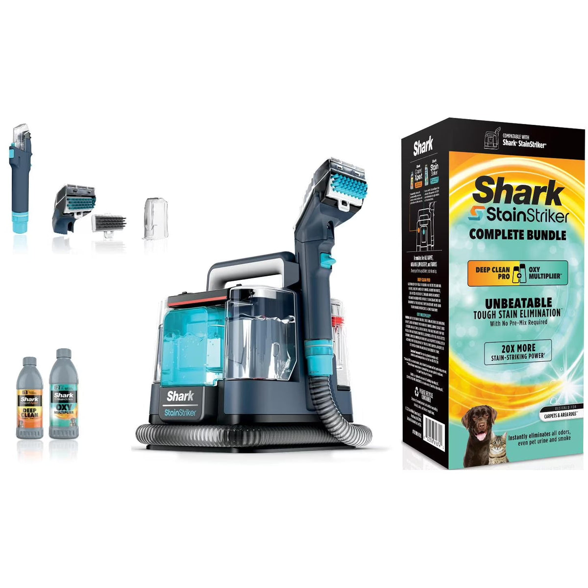 Shark StainStriker Carpet and Upholstery Cleaner, Portable with 2 Tools, 6oz Deep Clean Pro Formula and 12oz OXY Multiplier Formula, PX200 Navy/White