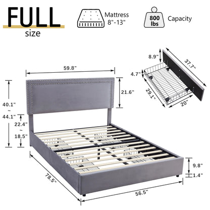 VECELO Full Bed Frame with 4 Storage Drawers (Wheeled) and Tufted Upholstered Adjustable Headboard Platform Bed, Beige