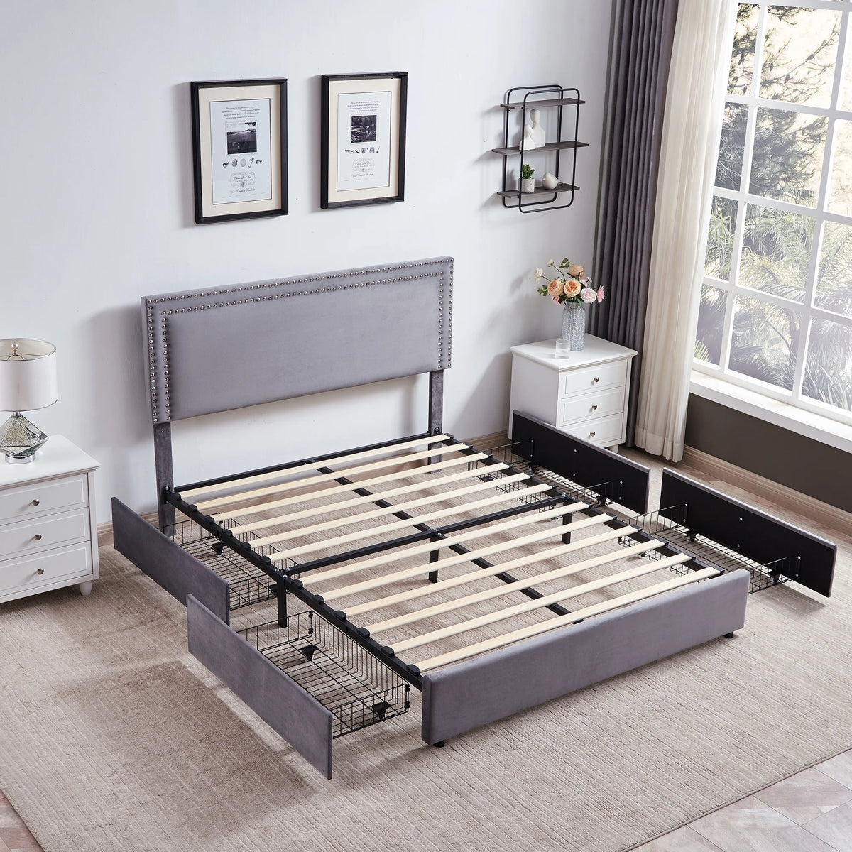 VECELO Full Bed Frame with 4 Storage Drawers (Wheeled) and Tufted Upholstered Adjustable Headboard Platform Bed, Beige