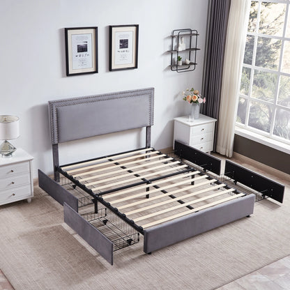VECELO Full Bed Frame with 4 Storage Drawers (Wheeled) and Tufted Upholstered Adjustable Headboard Platform Bed, Beige