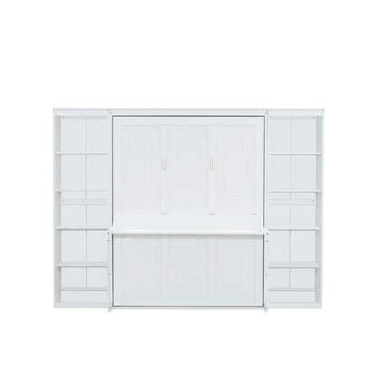 Queen Size Murphy Bed with Desk and Bookshelf(White)