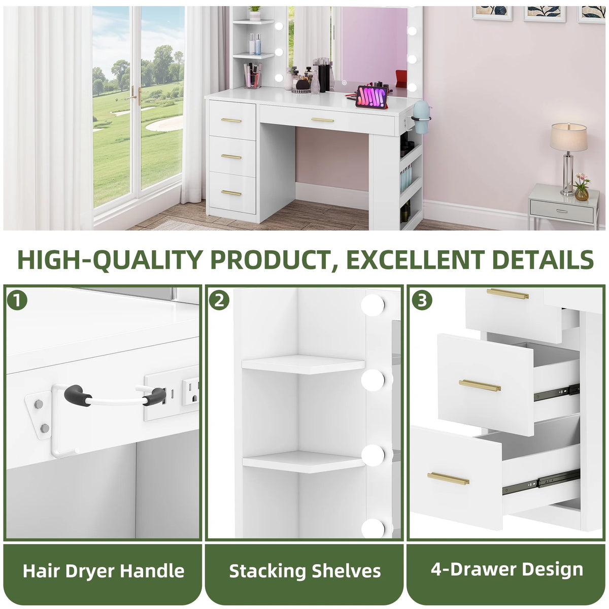 Uforic Makeup Vanity Desk with Mirror & Lights, Vanity Desk with 4 Drawers & Storage Shelves - White