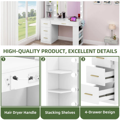Uforic Makeup Vanity Desk with Mirror & Lights, Vanity Desk with 4 Drawers & Storage Shelves - White