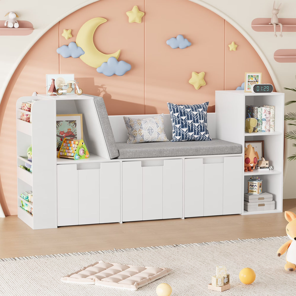 Homfa 4-in-1 Kids Toy Storage Cabinet, Bookshelf with 3 Drawers, Sturdy Toy Organizer with Reading Nook for Kids Room Playroom, Gray