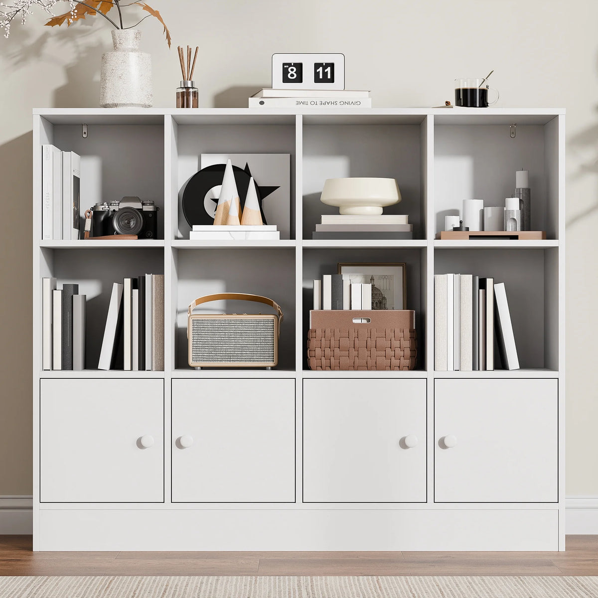 Cozy Castle 3-Tier Open Cube Bookcase with 12 Cubes and 4 Doors, Adjustable Shelves, White