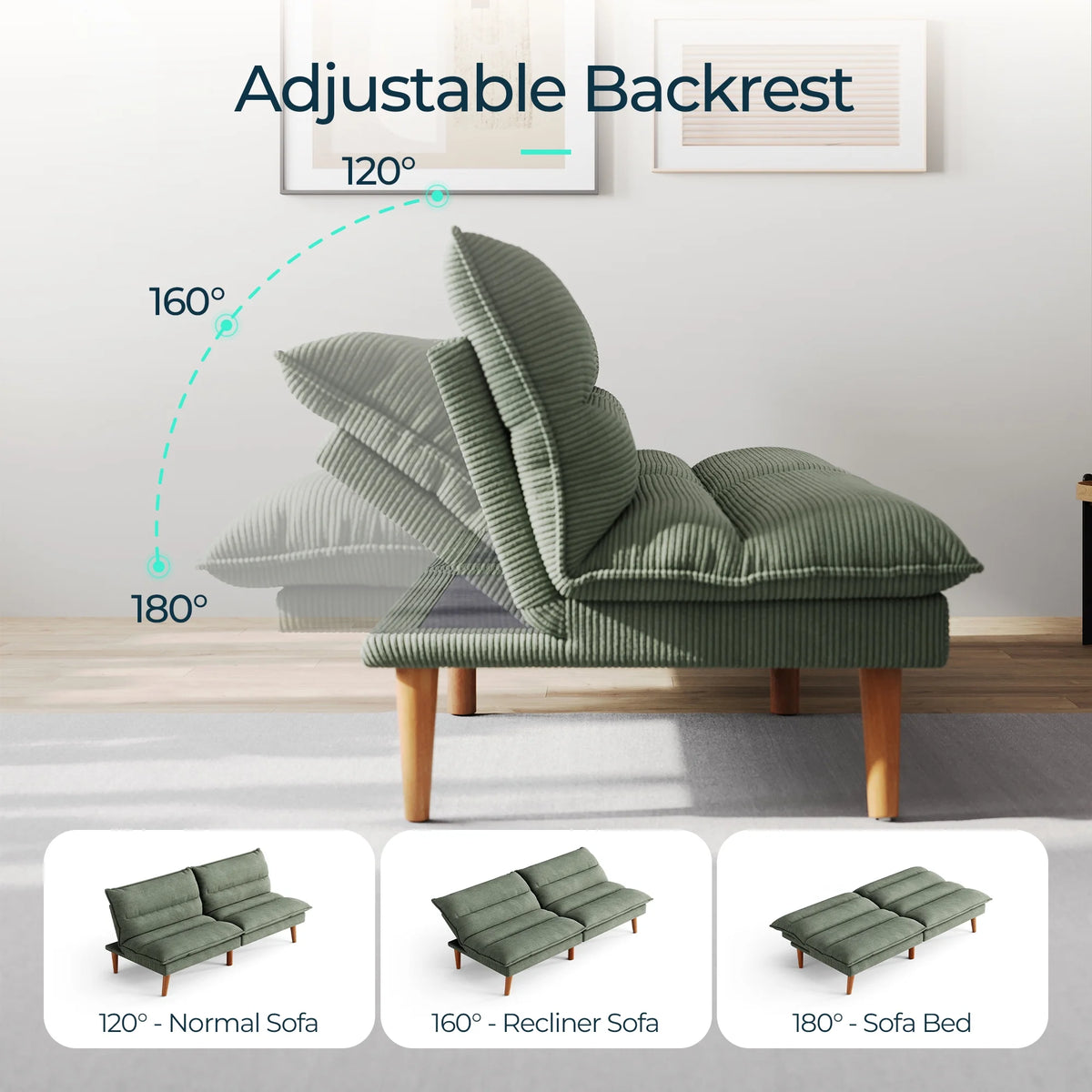 Linsy Home 71" W Corduroy Convertible Futon Sofa Bed, Army Green