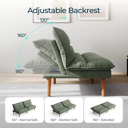 Linsy Home 71" W Corduroy Convertible Futon Sofa Bed, Army Green