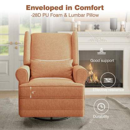 Royalcraft Swivel Nursery Glider Recliner, Comfy Upholstered Glider Chair with Lumbar Pillow and Footrest, Beige