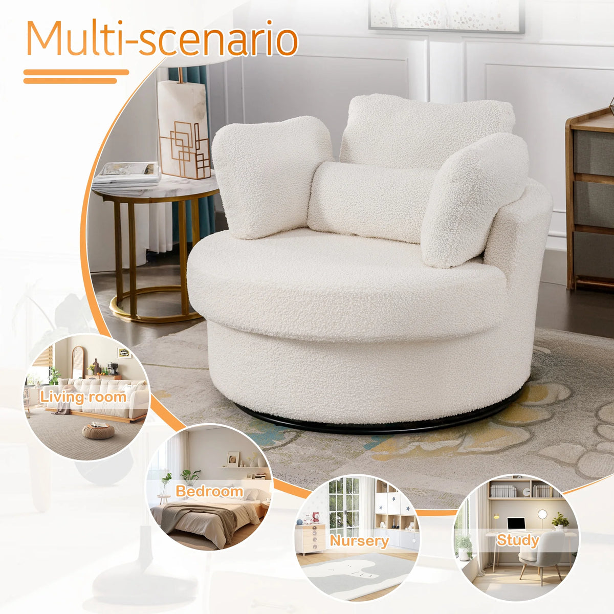 Dinosisco Oversized Swivel Barrel Accent Chair, Teddy Adult Comfy Reading Armchair, Ivory