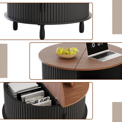 RUMLIVE Round Coffee Table with Storage, 30.7" Modern Coffee Table with 360�� Curved Sliding Door, Fluted Wood Coffee Table with Footpads, Round Center Table for Living Room, Black