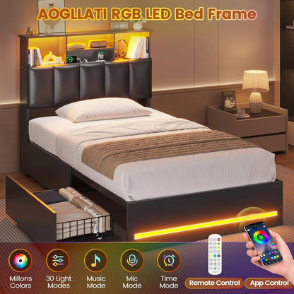 AOGLLATI Upholstered Platform Twin Bed with 4 Storage Drawers & Charging Station & LED Lights, Black
