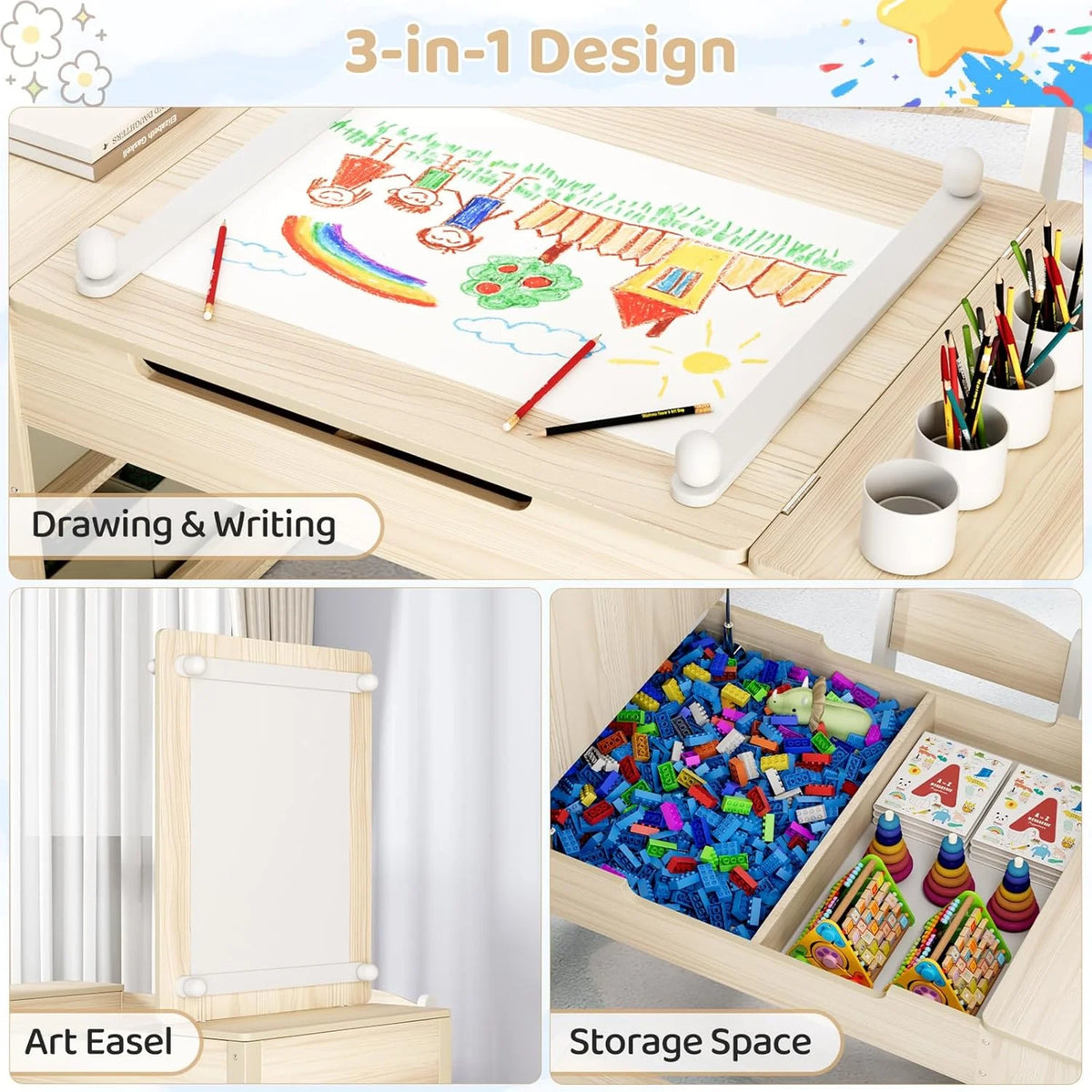 LAZY BUDDY Kids Art Table and 2 Chairs Set, 2 in 1 Easel & Toddler Craft Table and Chairs Set with Storage Bins, Paint Cups and Paper Roll, Activity Table Set for Children 3+
