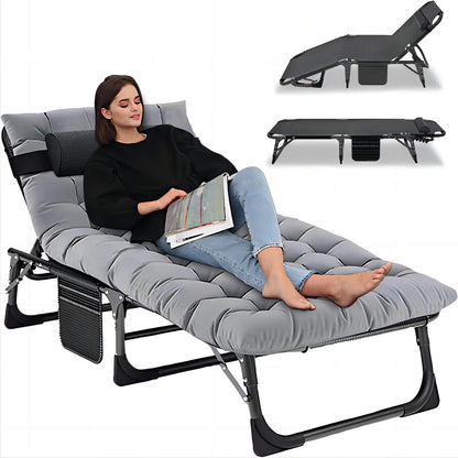 MOPHOTO Lounge Chair with Mattress, Outdoor Chaise Lounge Support 440 Lbs, Adjustable Portable Heavy Duty Sleeping Cots Bed for Camping, Pool, Beach, Patio