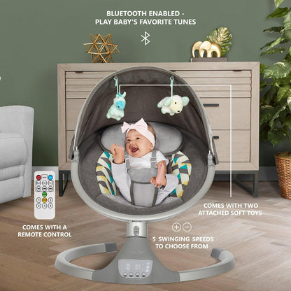 Dream On Me Zazu Baby Swing. Baby Swing for Infant. 5 - Swinging Speed. Two Attached Toys. Bluetooth Enabled and Remote Control. Grey and Blue