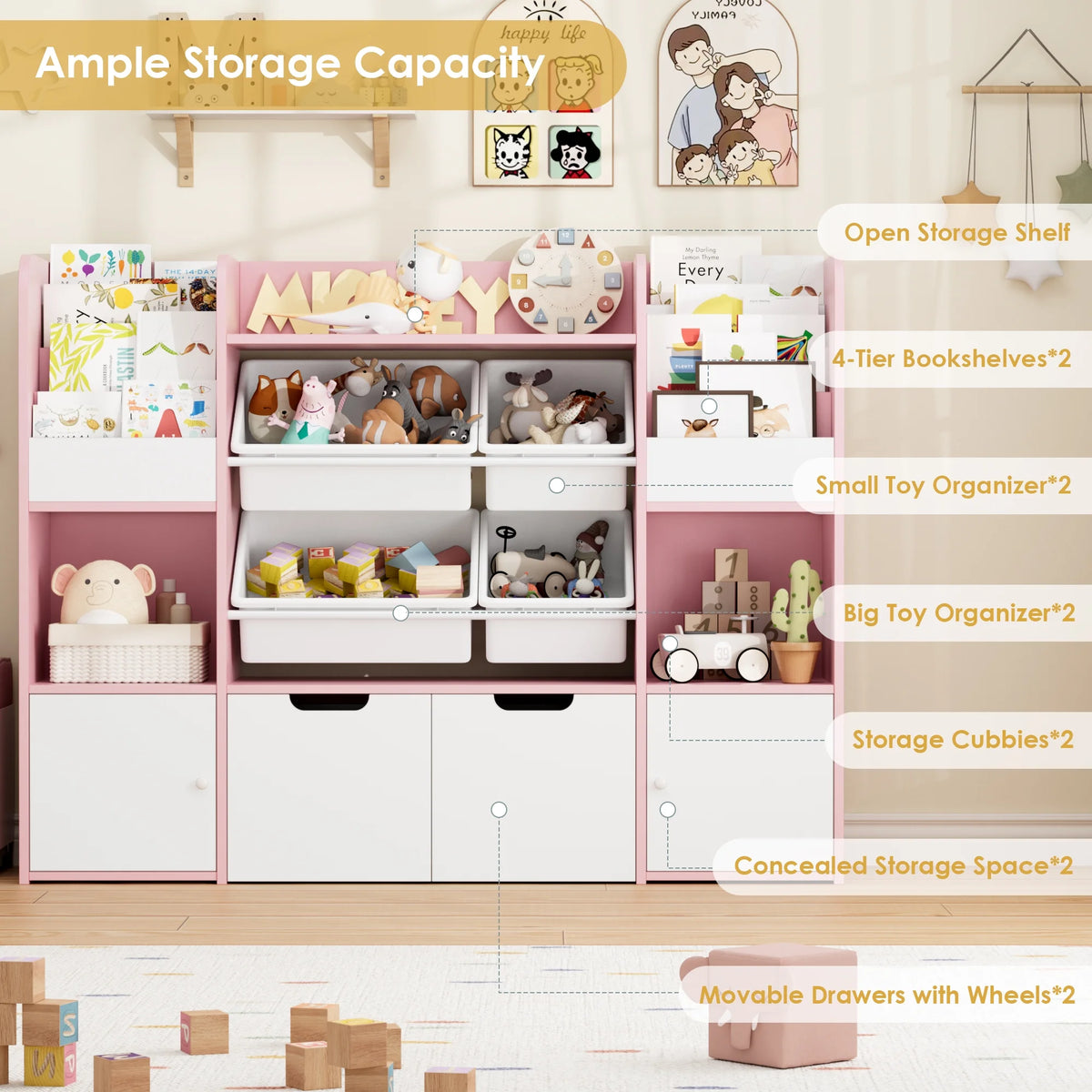 Hiphuta Kids Bookcase Toy Storage Organizer, Wooden Toy Organizer of 4 Bins& 2 Removable Drawers for Home Bedroom, Kids Bookshelf Toy Box with Book Rack, White