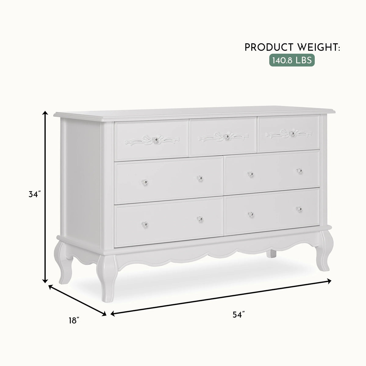 Evolur Aurora 7-Drawer Double Dresser in Ivory Lace, Spacious Drawers