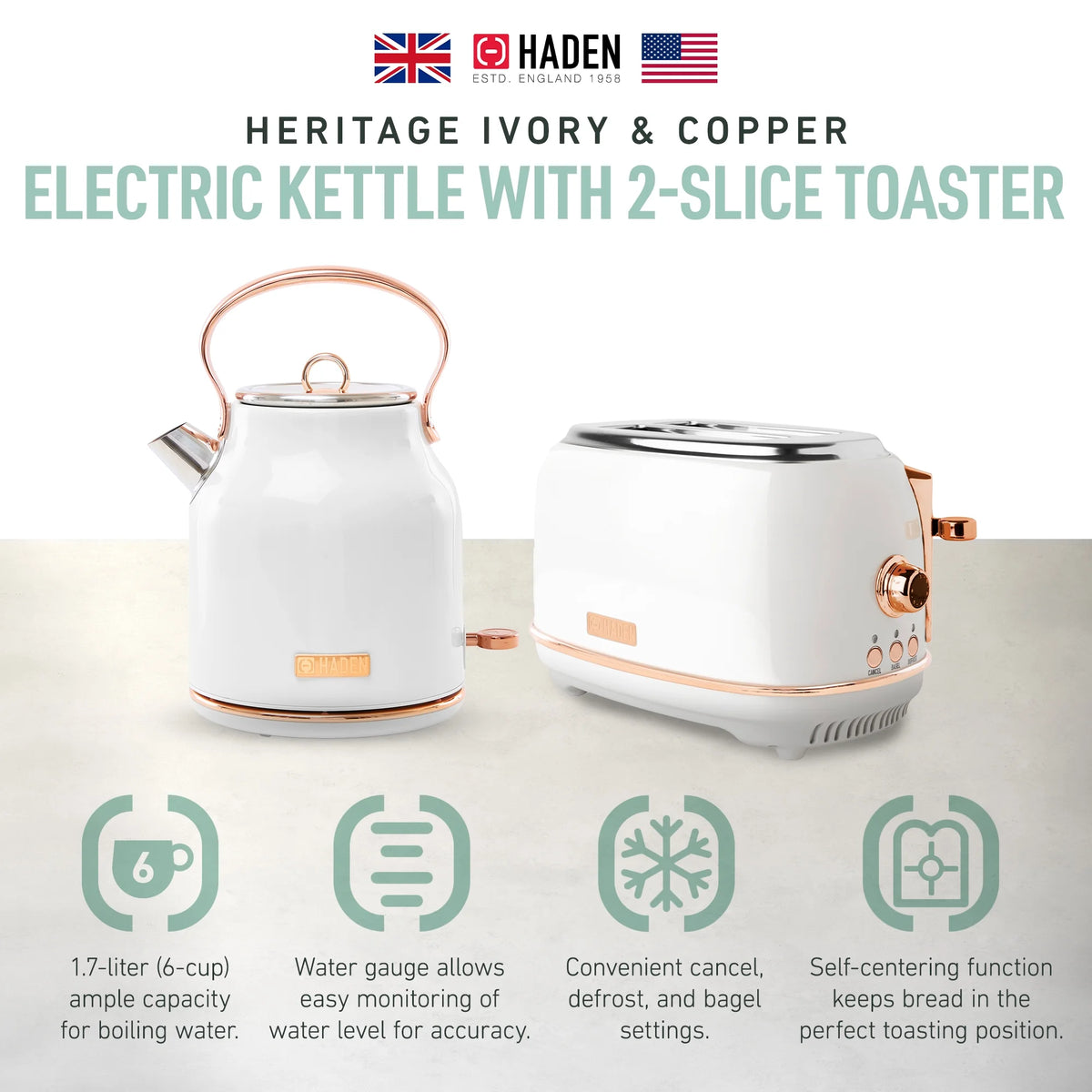Haden Heritage 1.7 Liter Electric Kettle with 2 Slice Bread Toaster, White