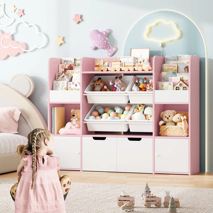 Hiphuta Kids Bookcase Toy Storage Organizer, Wooden Toy Organizer of 4 Bins& 2 Removable Drawers for Home Bedroom, Kids Bookshelf Toy Box with Book Rack, White
