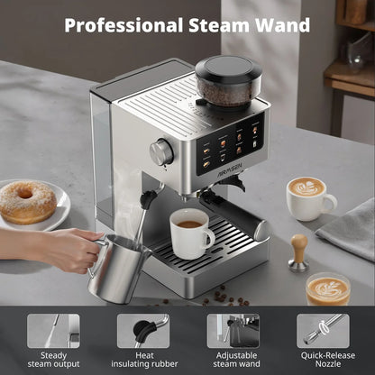 AIRMSEN Espresso Machine with Grinder, Espresso Coffee Machine with Customized Grind Amount & Coffee Volume, Cold Brew Coffee Maker for Cappuccino Latte Americano, Brushed Stainless Steel
