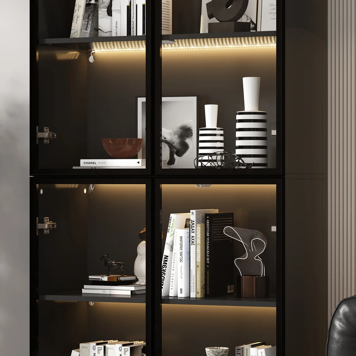 KULAGAGA Bookcases Organizer with LED Lights, Heavy Duty Display Cabinet with Glass Door for Living Room, 31.5" Wide