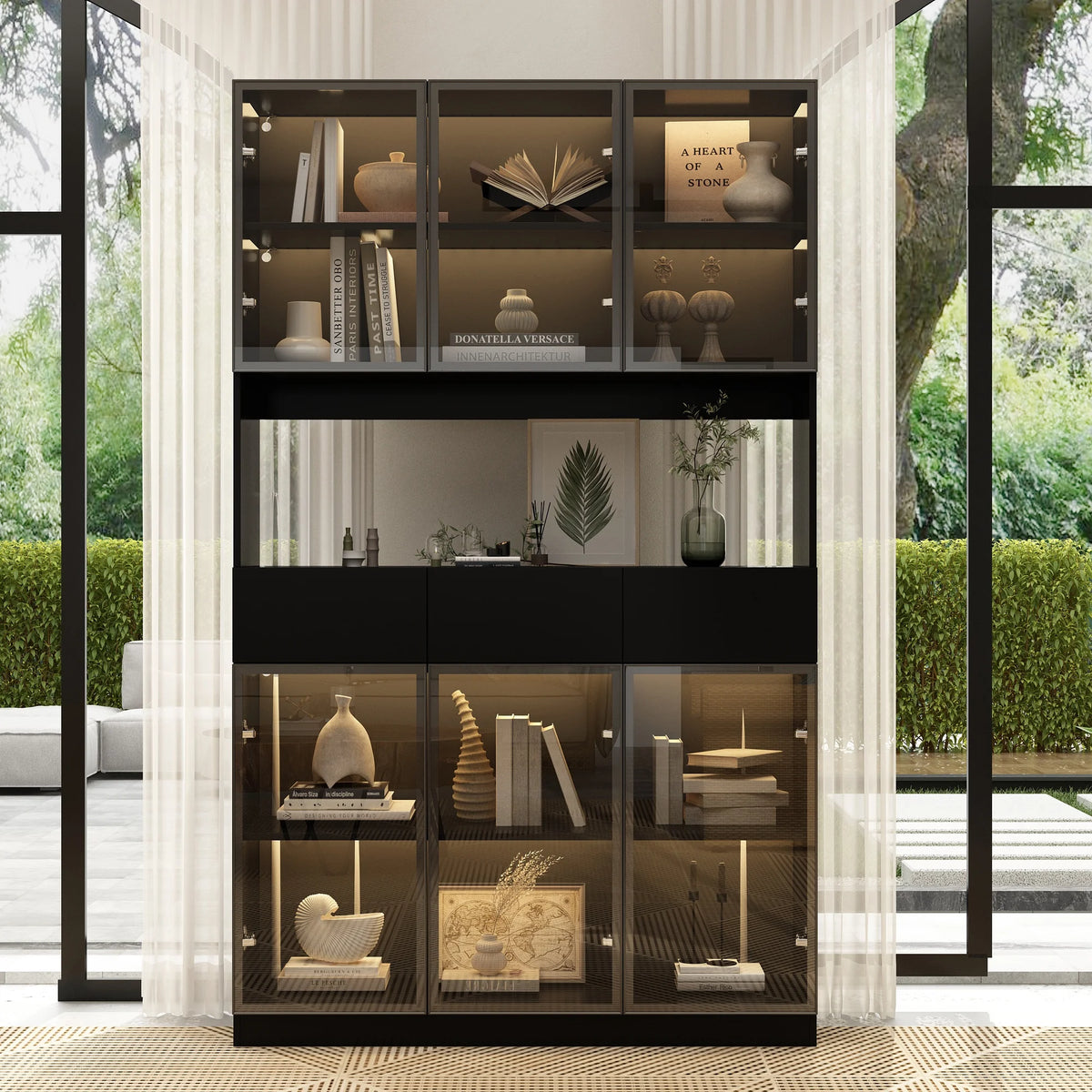 KULAGAGA Bookcases Organizer with LED Lights, Heavy Duty Display Cabinet with Glass Door for Living Room, 31.5" Wide