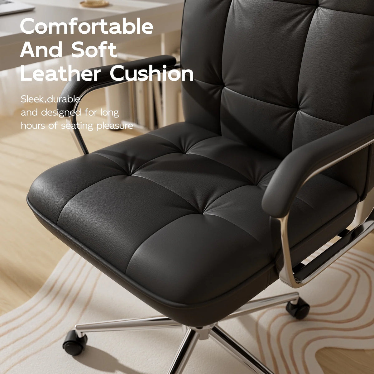 Solfway White Office Chair, Swivel Leather Computer Desk Chair with Wheels and Padded Arms, Executive Office Chair for Adults