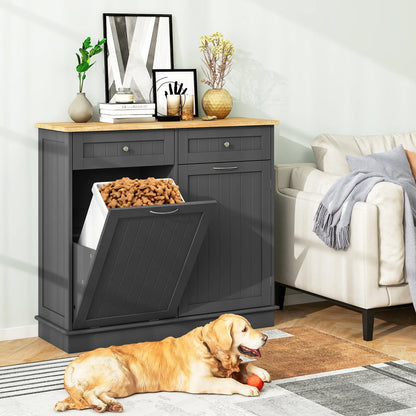 Costway 15.5 Gallon Kitchen Tilt Out Trash Cabinet Rubber Wood Tabletop 2 Drawers Shelf Gray